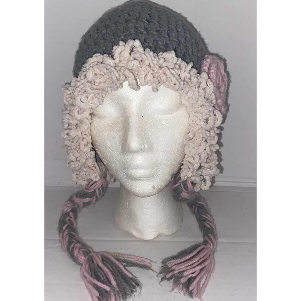 Girl’s Marili Jean Knit gray Beanie Winter Hat w/ Fluff Rim and Flowers